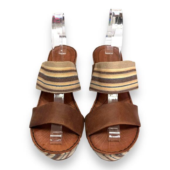 Born Leather And Striped Canvas Two Strap Platform Wedge Sandals Women's Size 10 - Picture 2 of 10